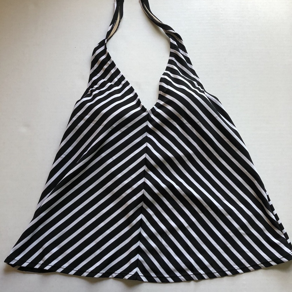 Motherhood Maternity Black White Stripe Halter Tie Swim Tankini Top Sz M A1556